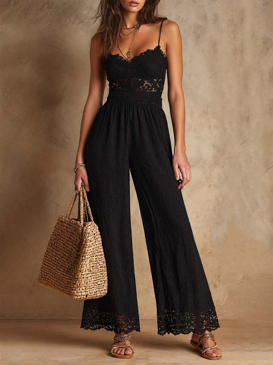 Black Lace Spaghetti Strap Wide-Leg Jumpsuit