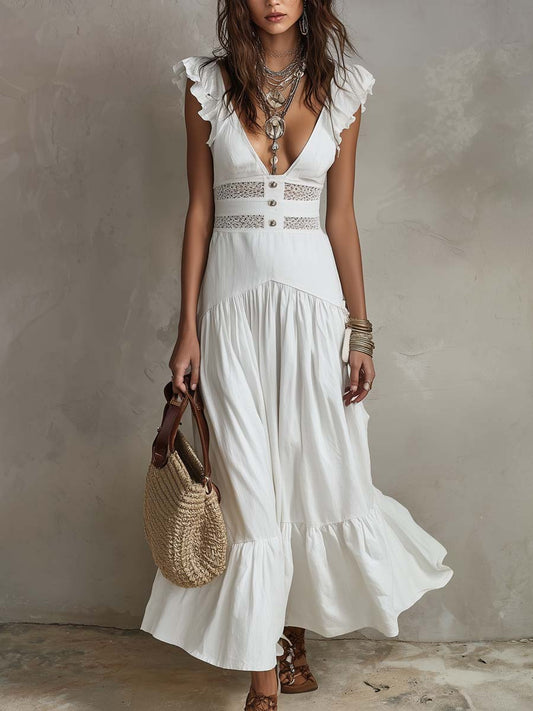 Vintage Openwork Lace Cotton-Linen Maxi Dress With Flutter Sleeves