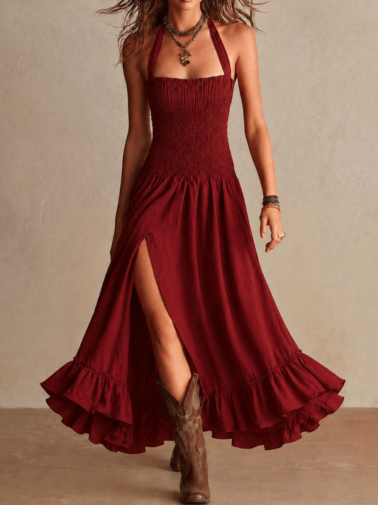 Boho Western Rust Red Cotton-Linen Blend Smocked Halter Maxi Dress