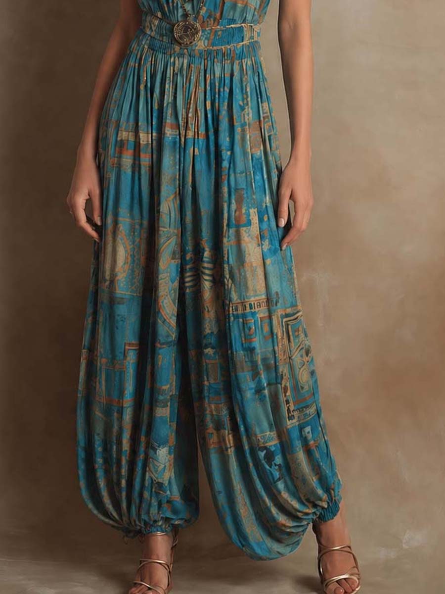 Bohemian Abstract Print Halter Harem Jumpsuit