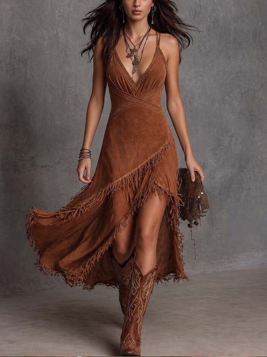 Retro Fringed-Hem Polyester Suede Midi Dress