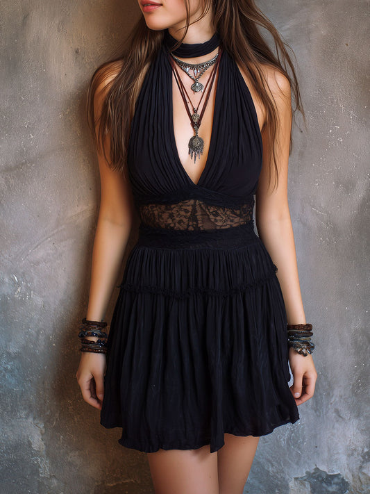 Boho Chic Black Halter Mini Dress With Lace Waist