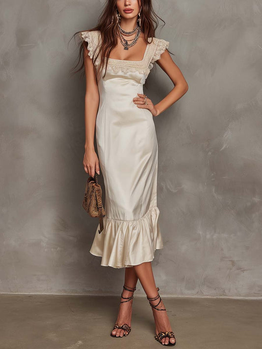 Retro Square-Neck Polyester Satin Midi Dress With Lace Trim