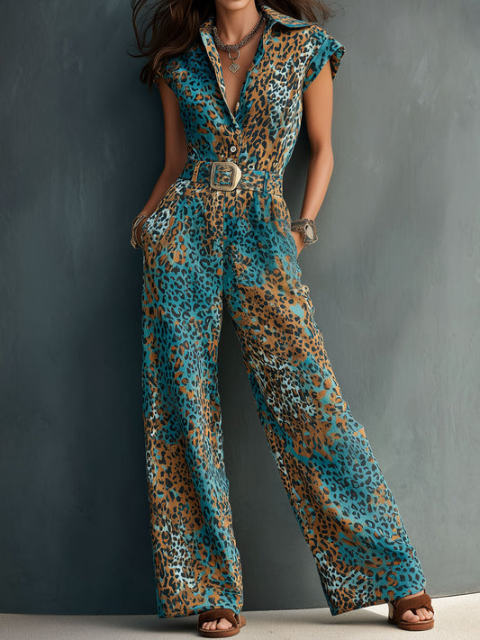 Boho Chic Turquoise And Tan Leopard Print Wide-Leg Jumpsuit