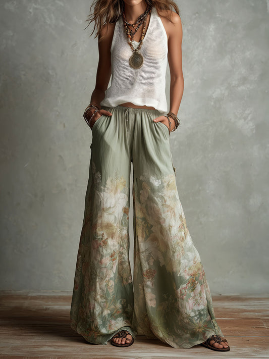 Boho Mesh Knit Tanl And Floral Wide-Leg Pants Set