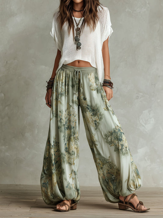 Boho-Chic Knit T-shirt And Floral Balloon Pants Set