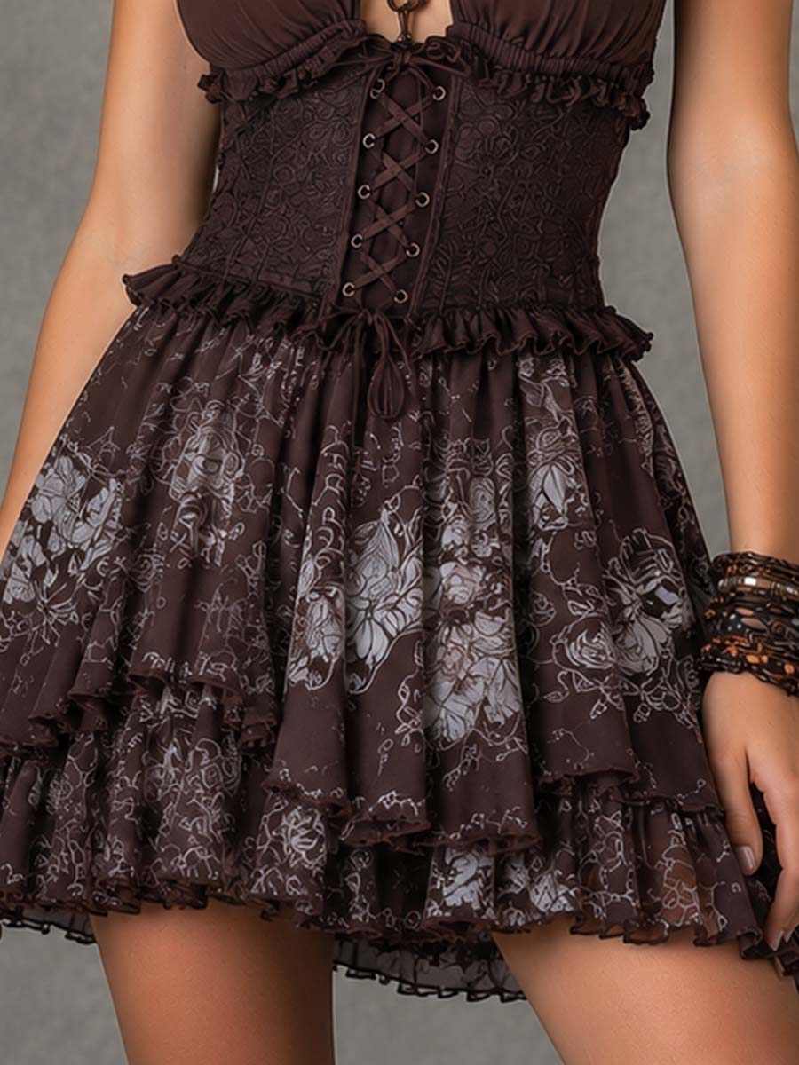 Dark Brown Halter Corset Ruffled Mini Dress