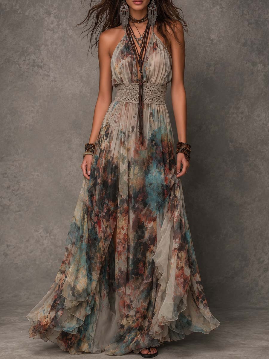 Watercolor Print Halter Chiffon Maxi Dress