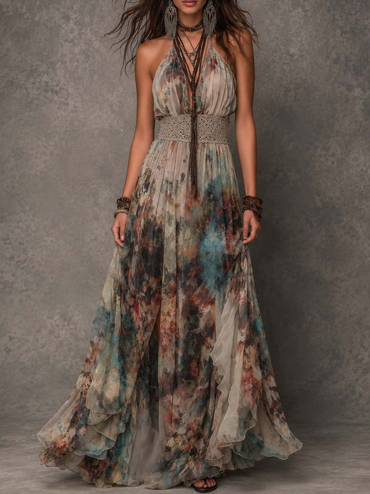 Watercolor Print Halter Chiffon Maxi Dress