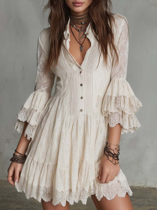 Bohemian Lace Mini Dress With Ruffled Cuffs