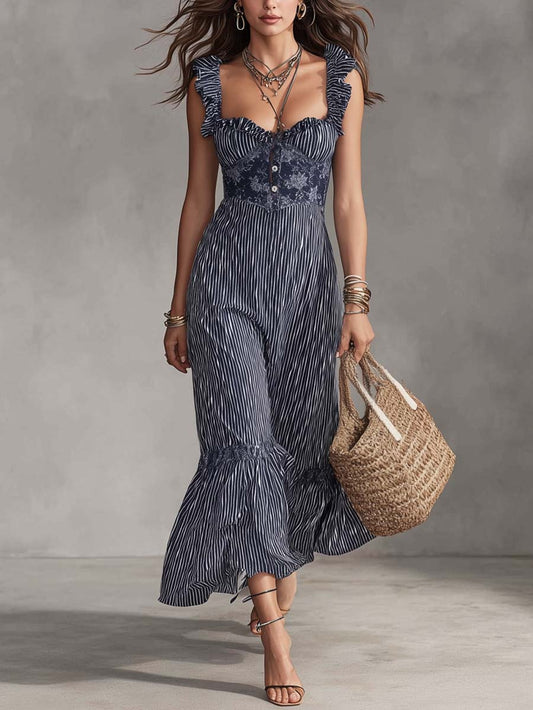 Retro Lace-Waist Striped Midi Dress