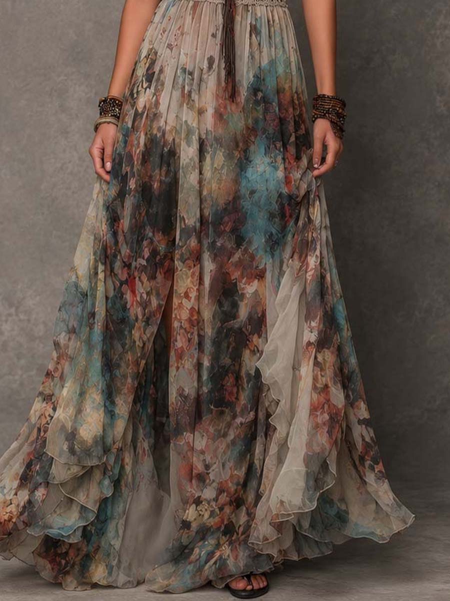 Watercolor Print Halter Chiffon Maxi Dress