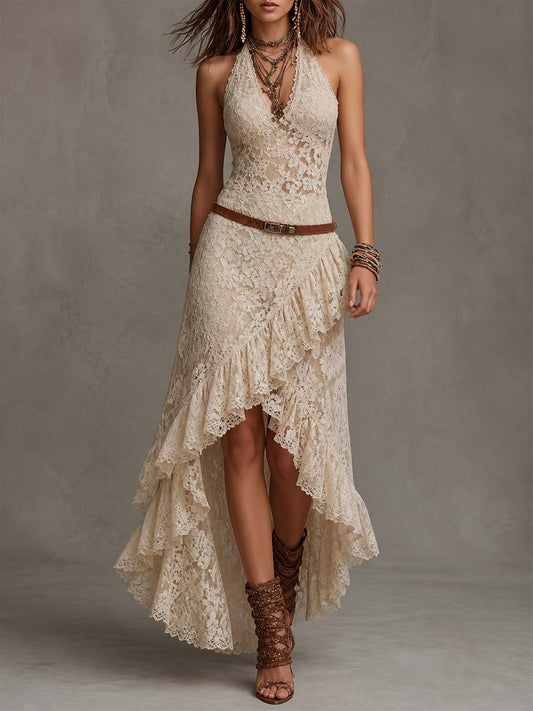 Vintage Cream Lace Halter High-Low Midi Dress