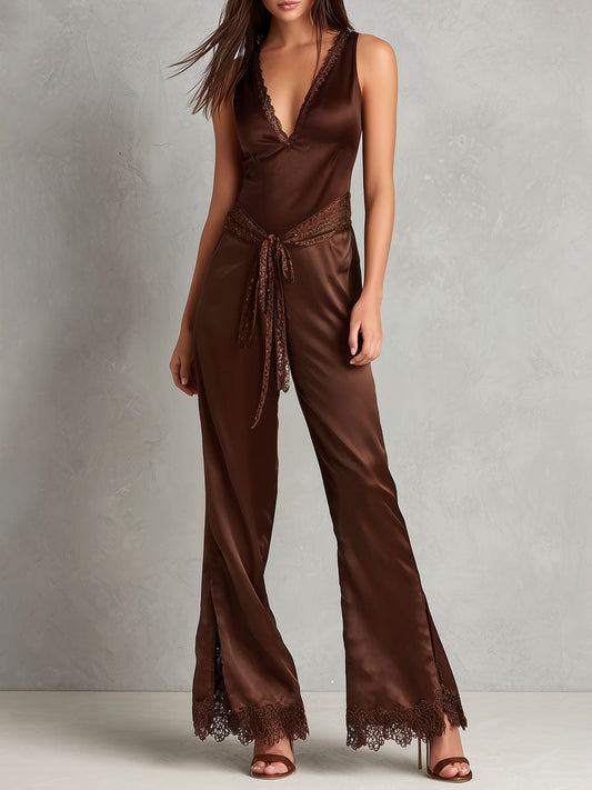 Boho Chic Chocolate Satin Lace Wide Leg Jumpsuit