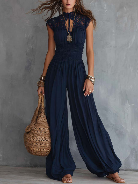 Retro Keyhole-Neck Lace Chiffon Jumpsuit