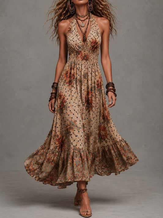 Bohemian Floral Polka Dot Halter Maxi Dress