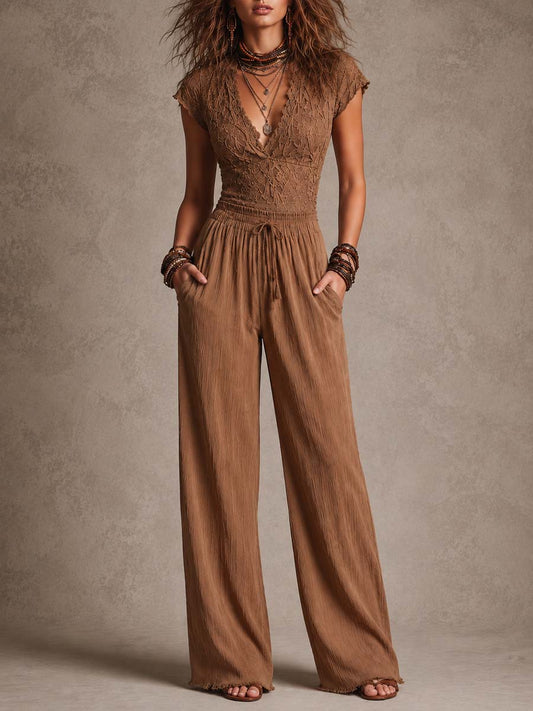 Bohemian Brown Lace And Cotton-Linen Two-Piece Set