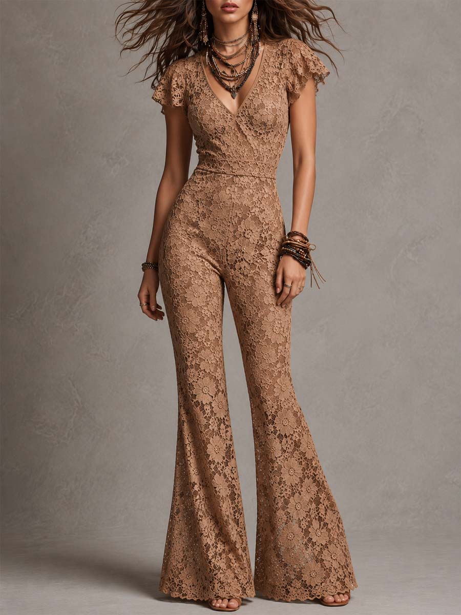 Mocha Floral Lace Flared Stretch Jumpsuit