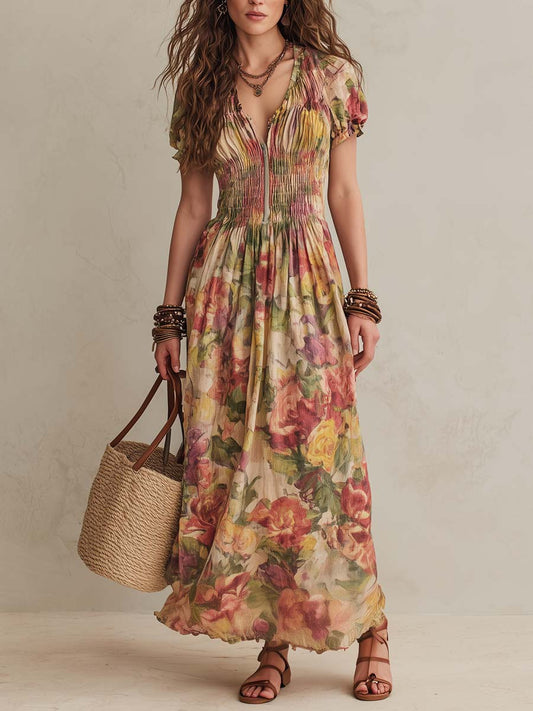 Vintage Ruched-Waist Oil-Painting-Style Print Midi Dress