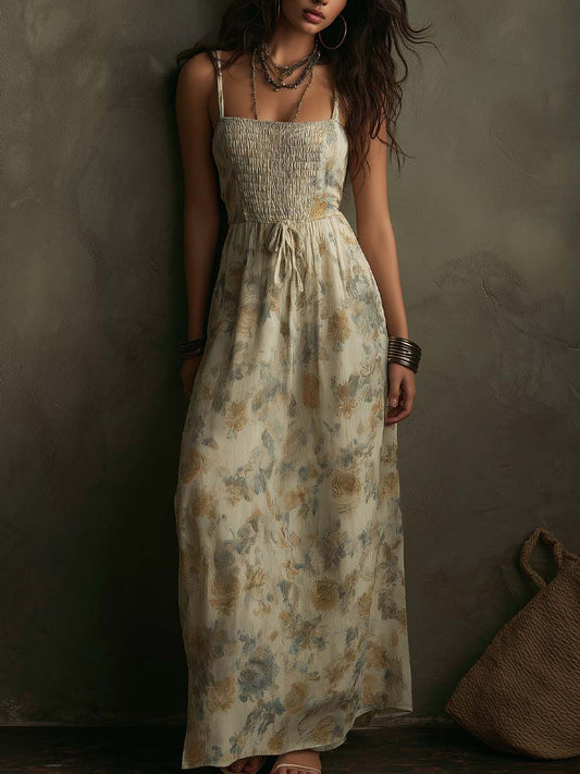 Vintage Wallpaper-Style Floral Cotton-Linen Maxi Dress