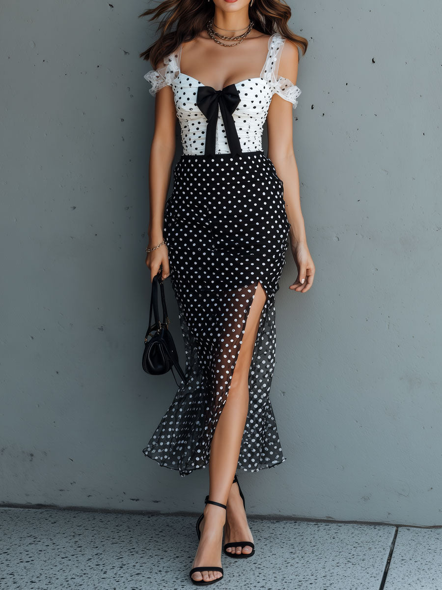 Boho Chic Polka Dot Ruffle Strap Contrast Midi Dress