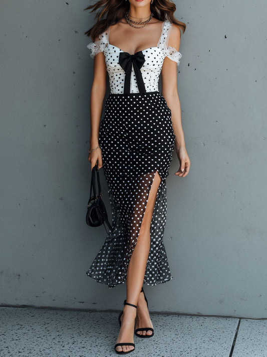 Boho Chic Polka Dot Ruffle Strap Contrast Midi Dress
