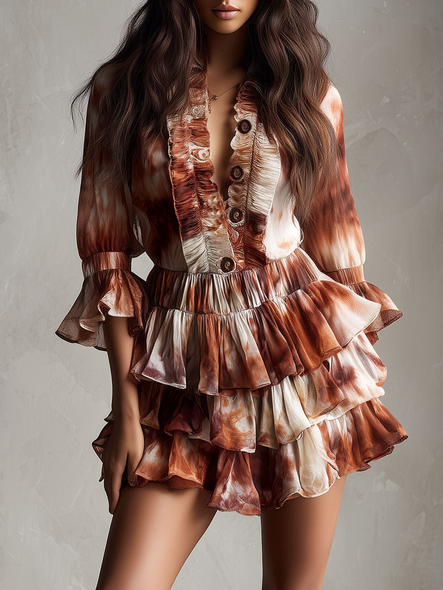 Boho Rust Tie-Dye Button Front Tiered Ruffle Mini Dress