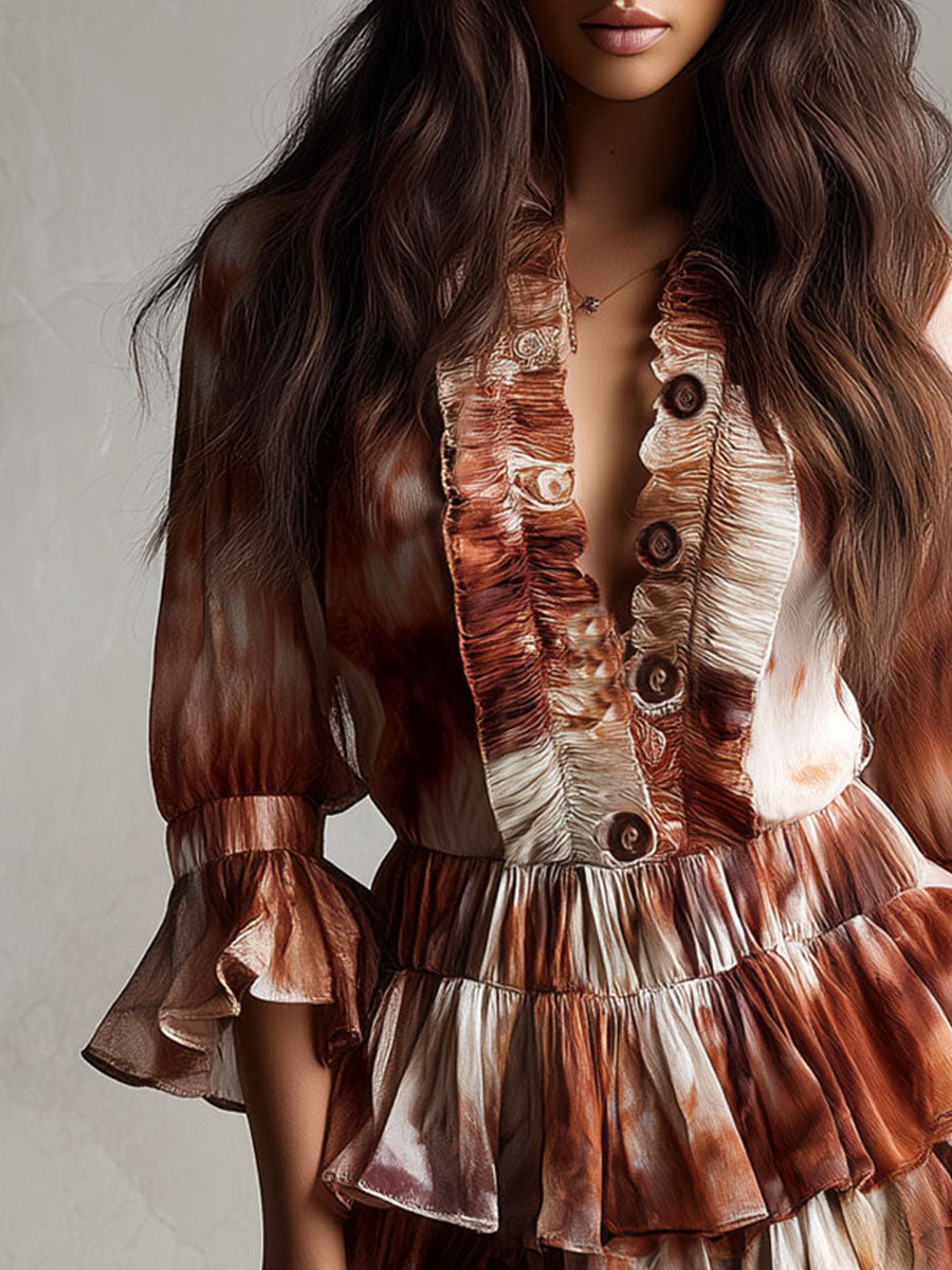 Boho Rust Tie-Dye Button Front Tiered Ruffle Mini Dress