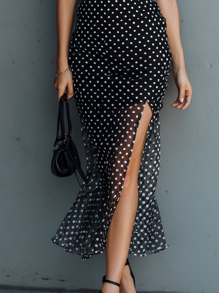 Boho Chic Polka Dot Ruffle Strap Contrast Midi Dress