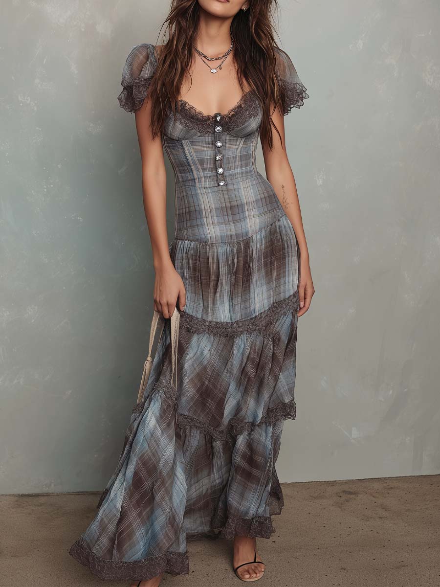 Retro Plaid Chiffon Maxi Dress
