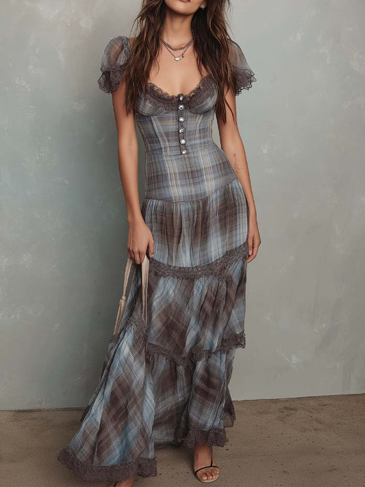 Retro Plaid Chiffon Maxi Dress
