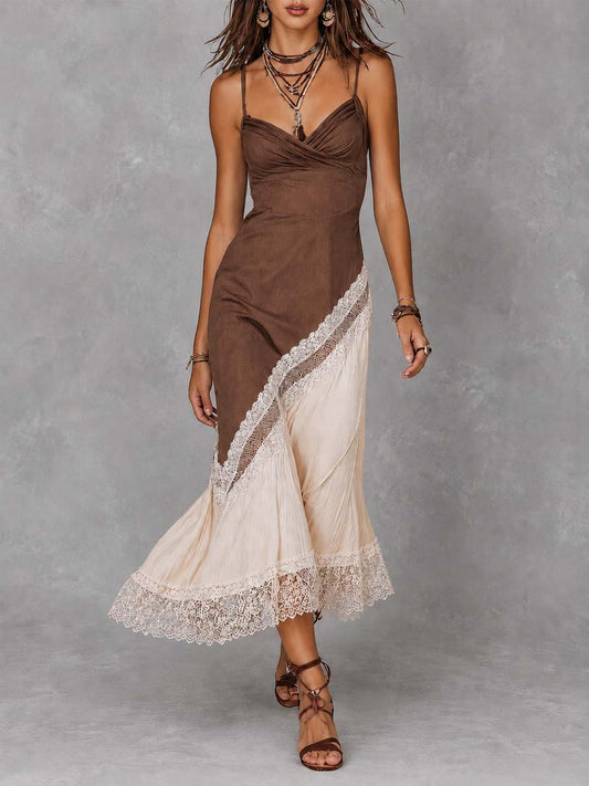 Bohemian Two-Tone Cotton-Linen Lace Trim Midi Dress