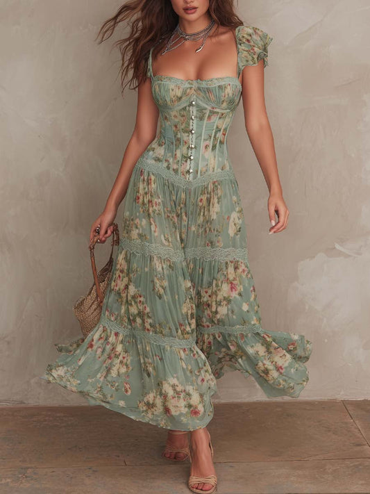 Retro Floral-Print Chiffon Corset Midi Dress