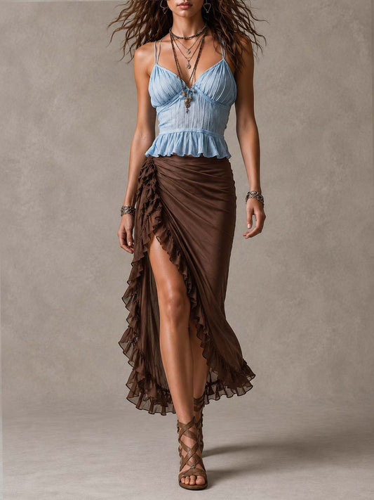 Bohemian Light Blue Peplum Cami And Brown Ruffled Chiffon Midi Skirt Set