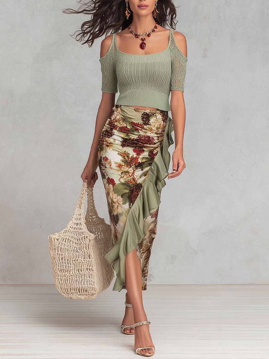 Retro Cold-Shoulder Knit Top And Floral Polyester Satin Set