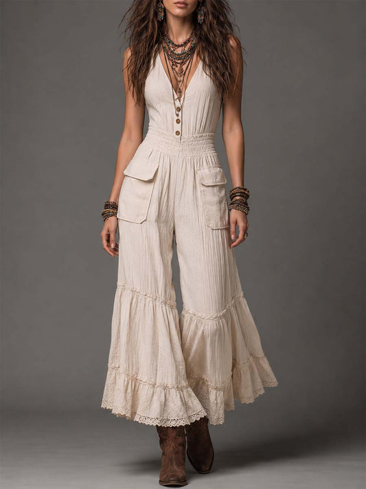 Bohemian Elegant Cotton-Linen Ruffled Hem Jumpsuit