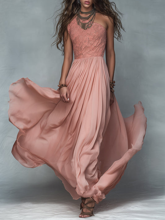 Boho One-Shoulder Lace-Paneled Pleated A-Line Maxi Dress