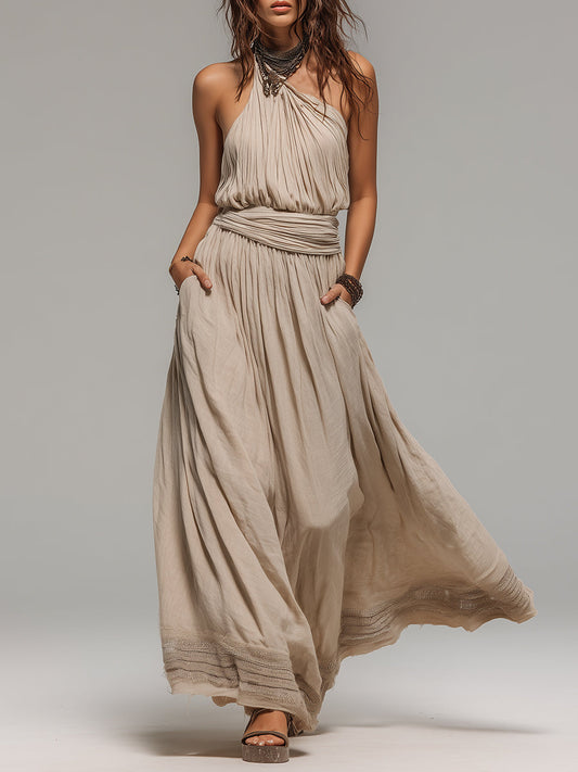 Boho One-Shoulder Pleated A-Line Maxi Dress With Lace Trim