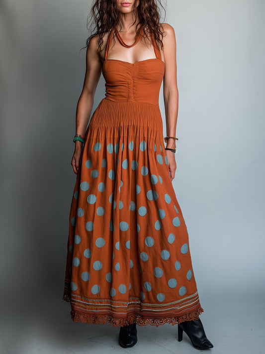 Retro Polka-Dot Print A-Line Maxi Dress With Lace Trim