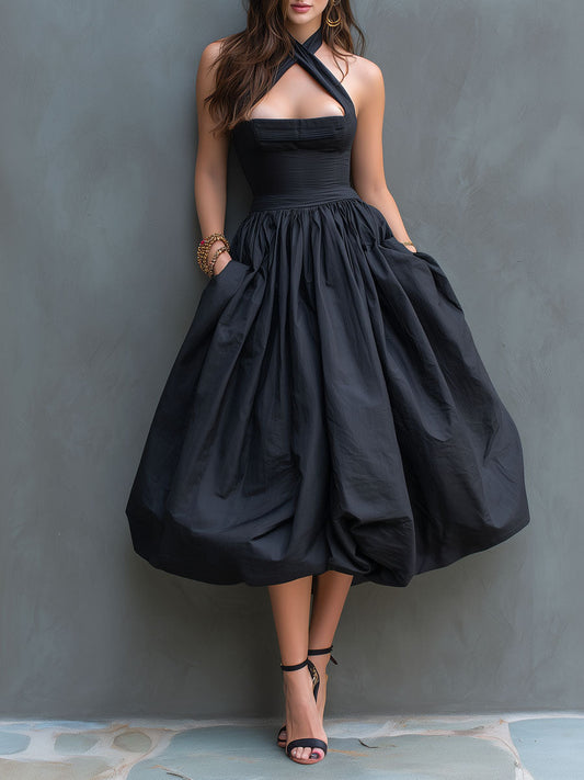 Elegant Black Halter-Neck Pleated Balloon Midi Dress With Balloon Skirt