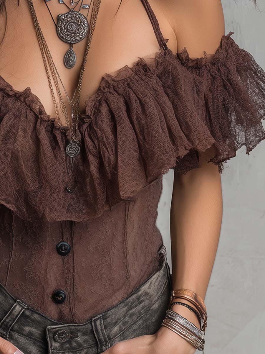 Retro Halter-Neck Off-Shoulder Lace Blouse