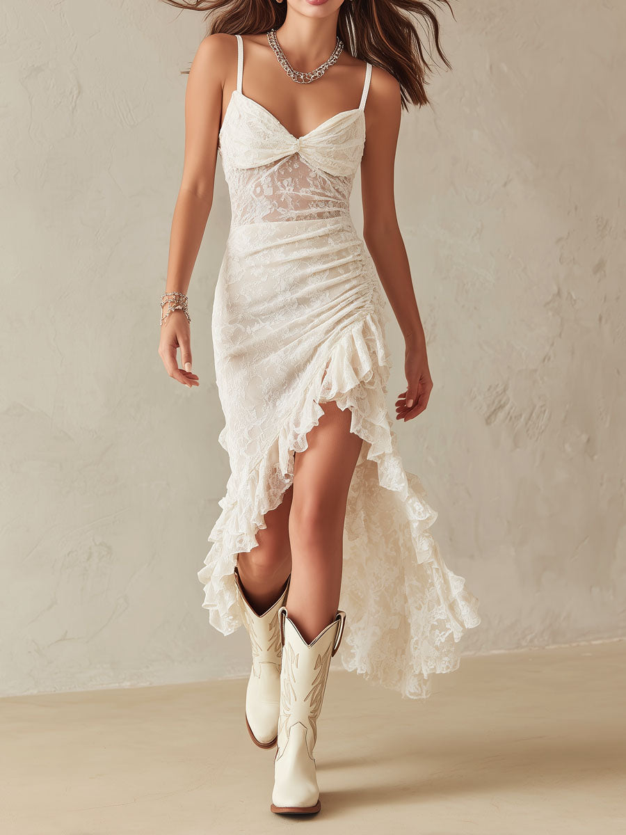 Boho Romantic White Lace Ruched Asymmetrical Ruffle Midi Dress
