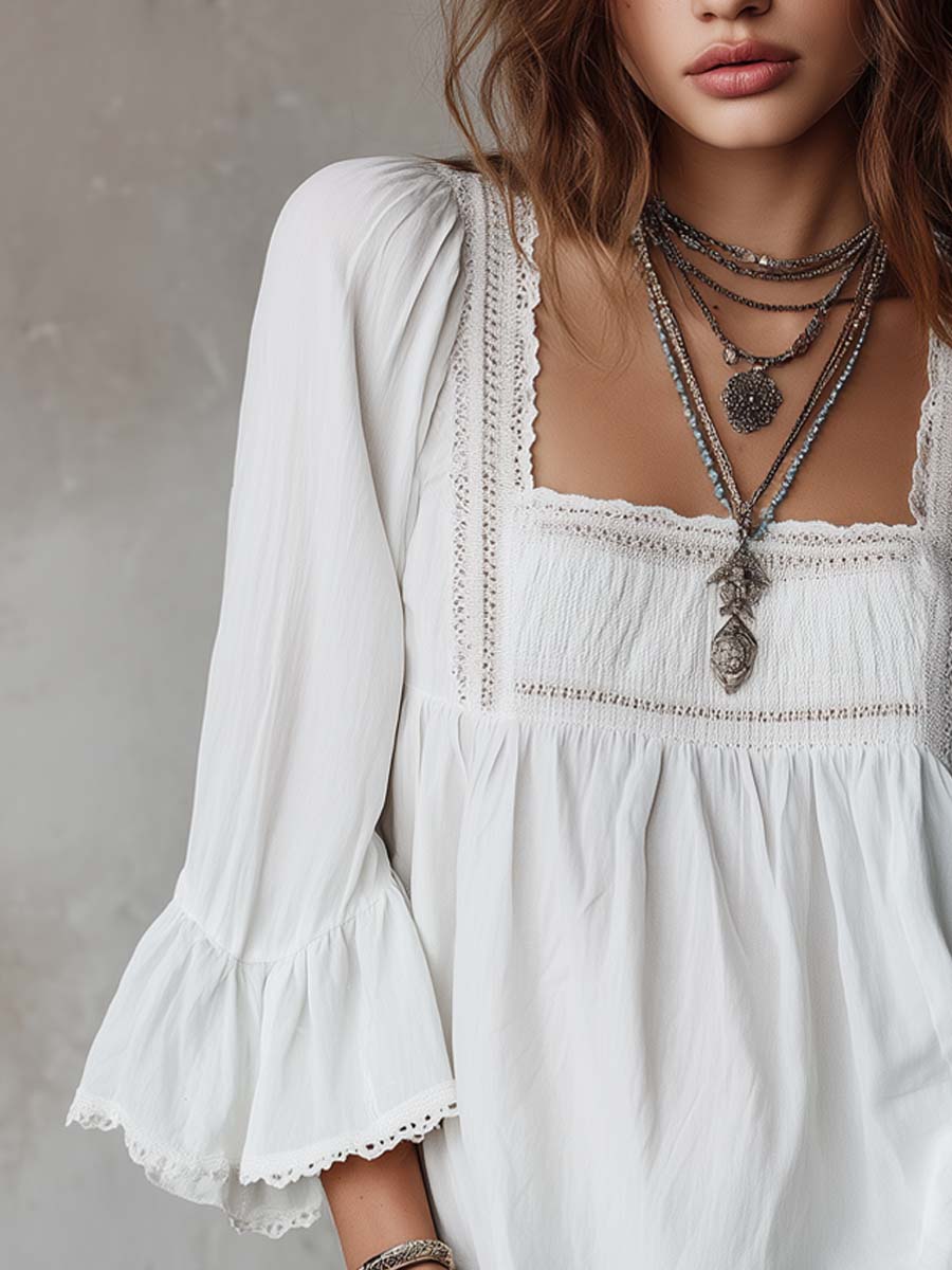 Retro Lace Trim Square-Neck RuffleCotton-Linen Blouse