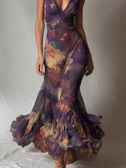 Monet Garden V-Neck Ruffle-Trim Maxi Dress