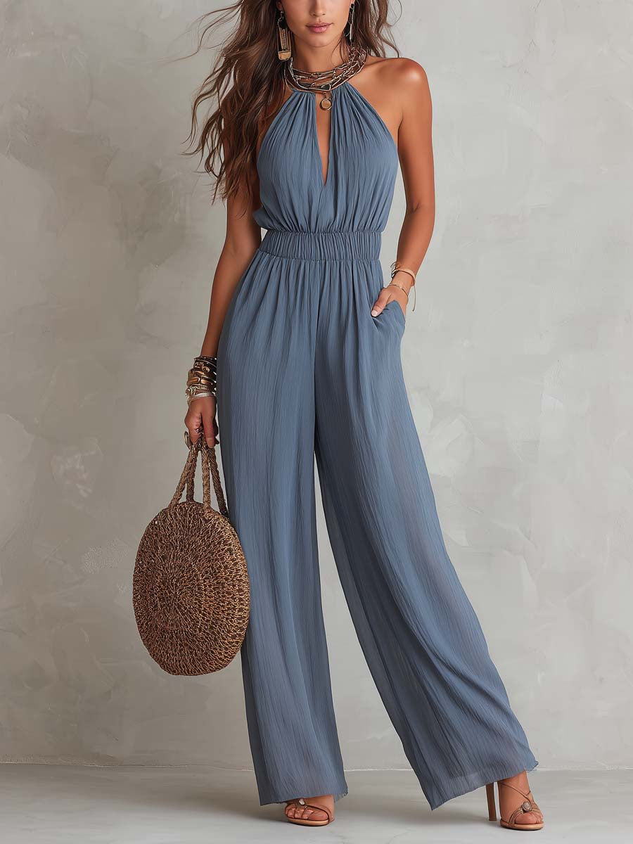 Retro Halter-Neck Texture Chiffon Jumpsuit – BCSHARED