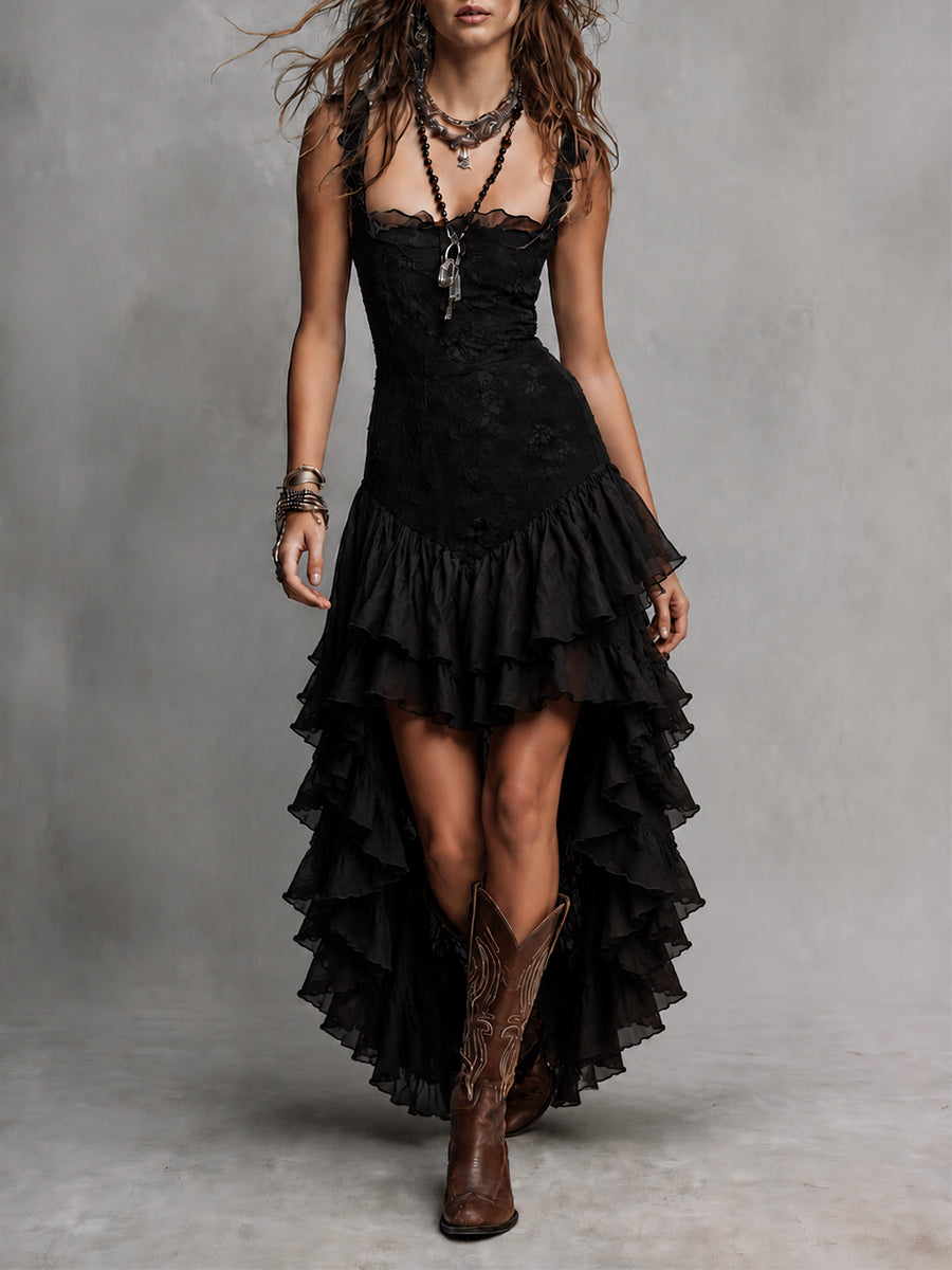 Gothic Lace Multi-Layer Ruffle High-Low Hem Maxi Dress