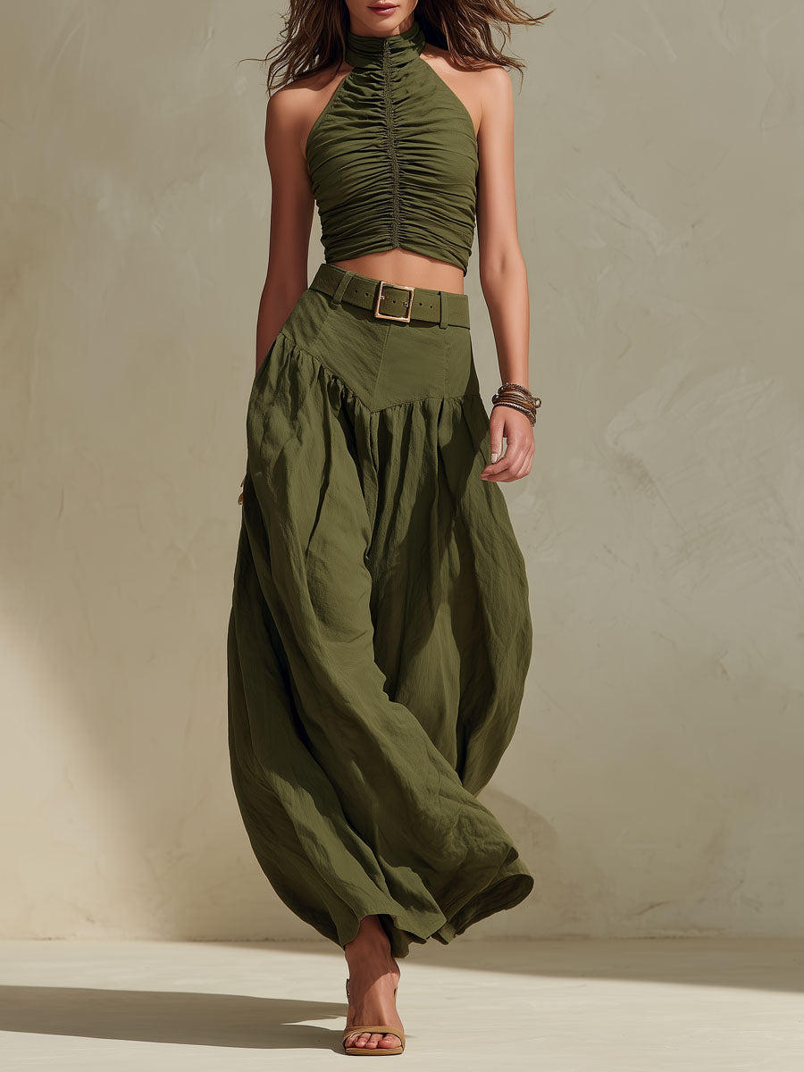 Boho Olive Green Ruched Top & High-Waisted Wide Leg Pants Two-Piece Set