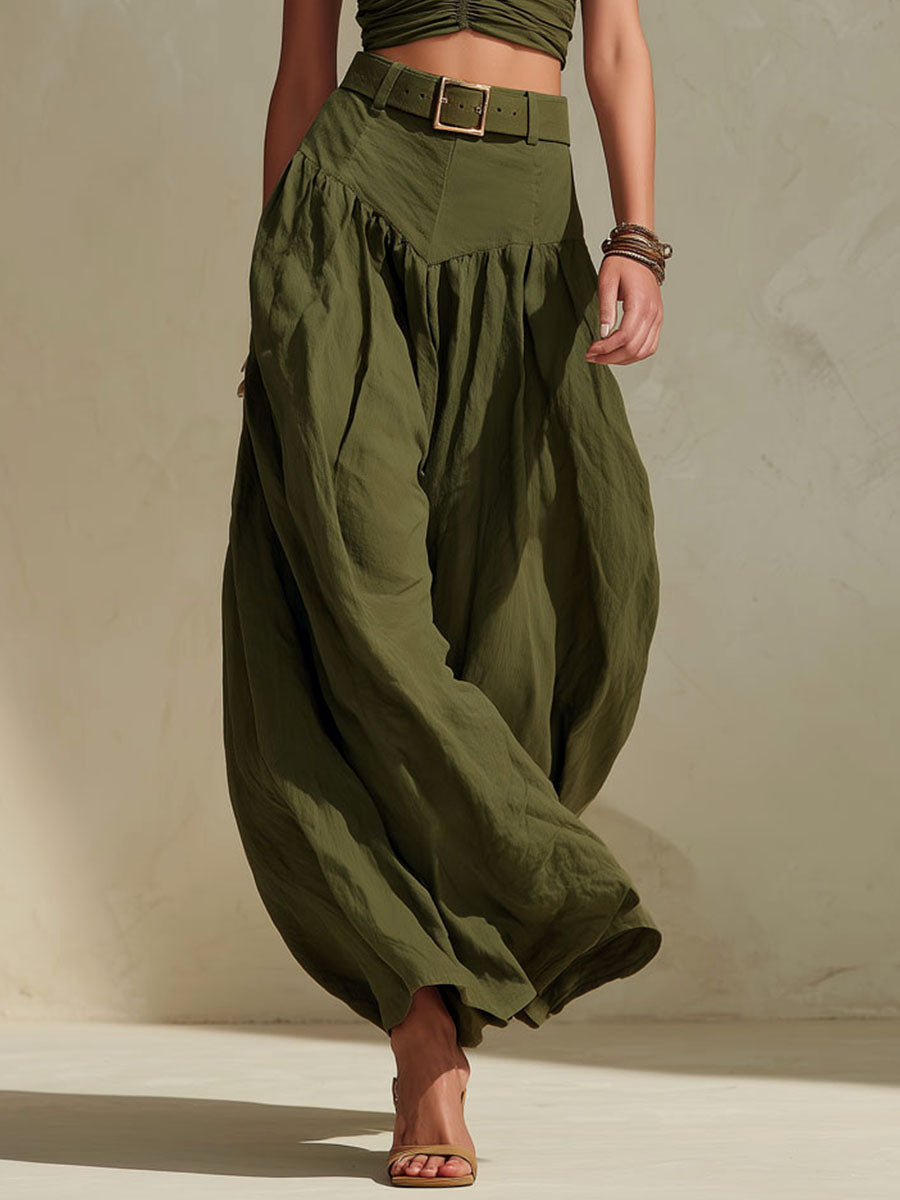 Boho Olive Green Ruched Top & High-Waisted Wide Leg Pants Two-Piece Set