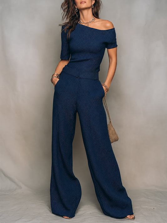 Quiet Luxury One-Shoulder Striped Wide-Leg Jumpsuit