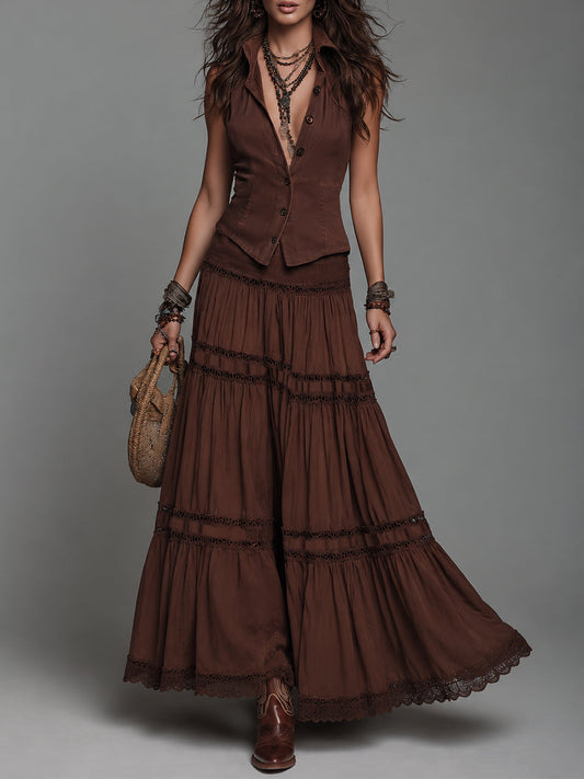Vintage Washed Sleeveless Blouse & Lace-Trimmed Skirt Set